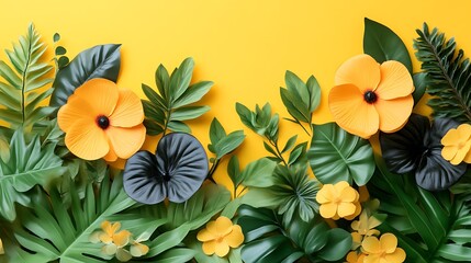 Fototapeta premium Vibrant Yellow Flowers and Lush Green Tropical Leaves