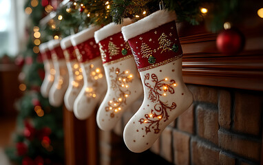 Lit Holiday Stockings on Rustic Mantel  