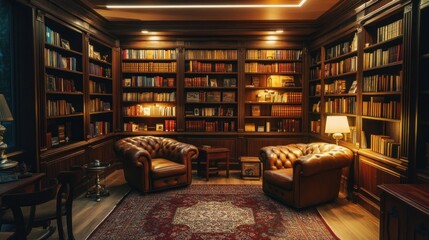 A cozy library room with bookshelves and leather chairs