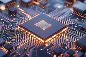 Futuristic AI Processor on High-Tech Circuit Board, Glowing Neon Blue and Orange Lights, Ultra-Detailed PCB Pathways, Advanced Neural Network, Artificial Intelligence, Cutting-Edge Technology