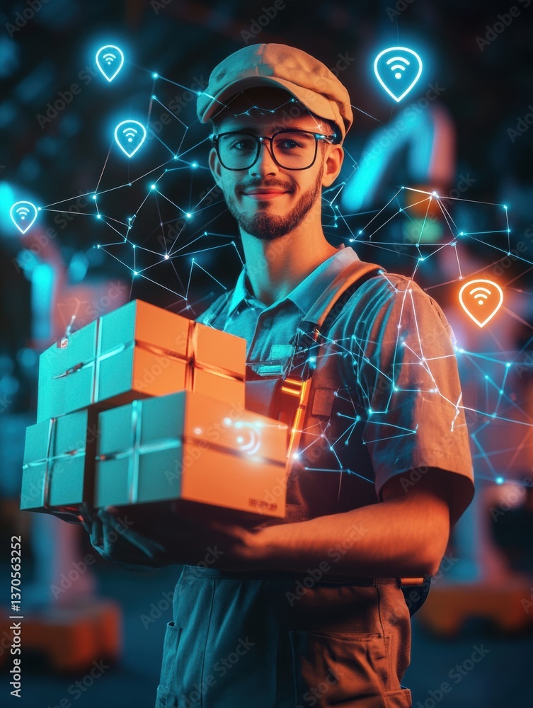 Poster cheerful delivery worker holds packages against digital map with geolocation markers in a futuristic