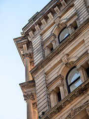 corner of a tall 19th century neoclassical building in the Bradford Little Germany District