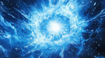 Obraz premium Comic anime water explosion radiating from bright center - dynamic liquid splashes creating circular burst pattern. Blue background with light azure droplets scattered among flowing stream effect.