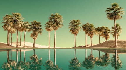 Fototapeta premium Desert oasis with palm trees reflected in tranquil turquoise water.