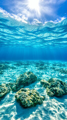 Sunlit underwater scene with clear water, sandy bottom, and rocks