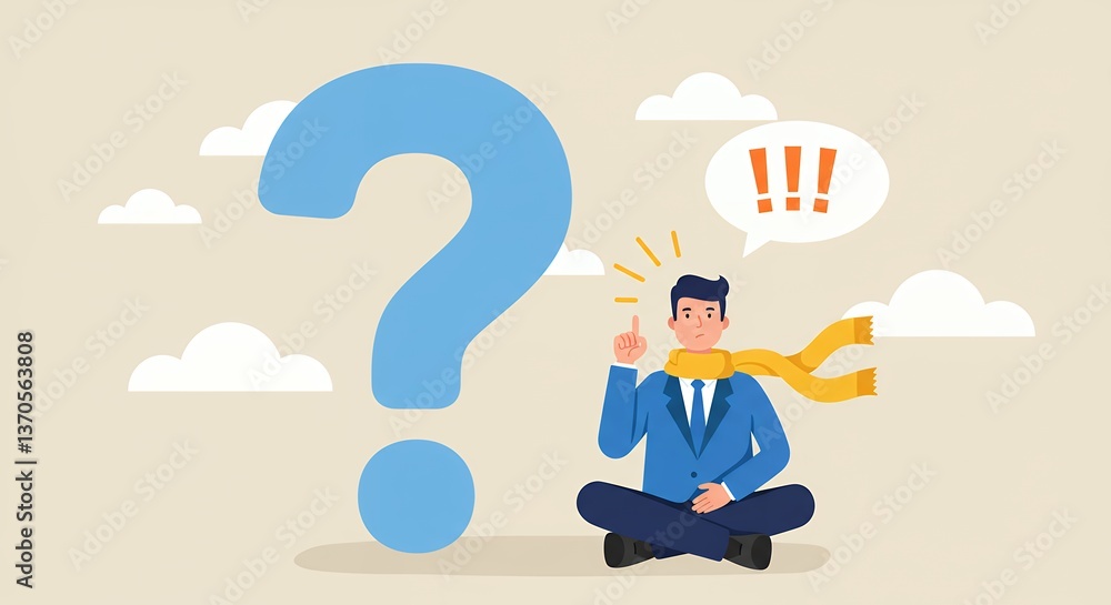Poster man sitting cross legged with question mark and exclamation thinking hard