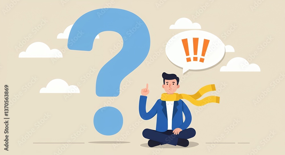 Poster man sitting cross-legged pondering a question with a speech bubble of exclamation marks
