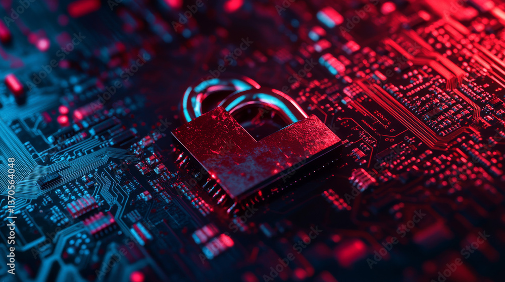 Poster concept of destroyed cyber security.padlock red open on electric circuits network dark red backgroun