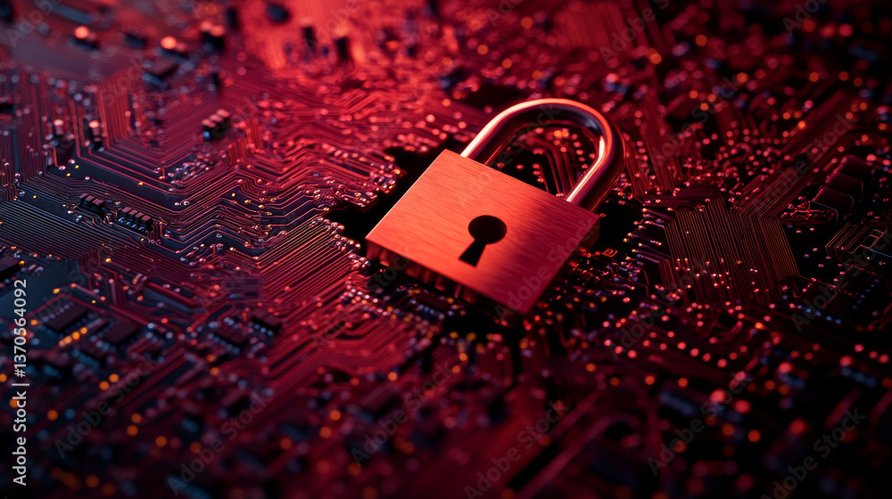 Poster concept of destroyed cyber security.padlock red open on electric circuits network dark red backgroun