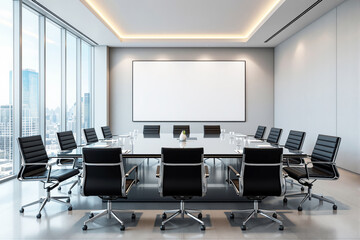 Empty modern meeting room with blank white poster on wall, minimal design style, large windows and bright interior, concept for branding or advertising. Ai generative