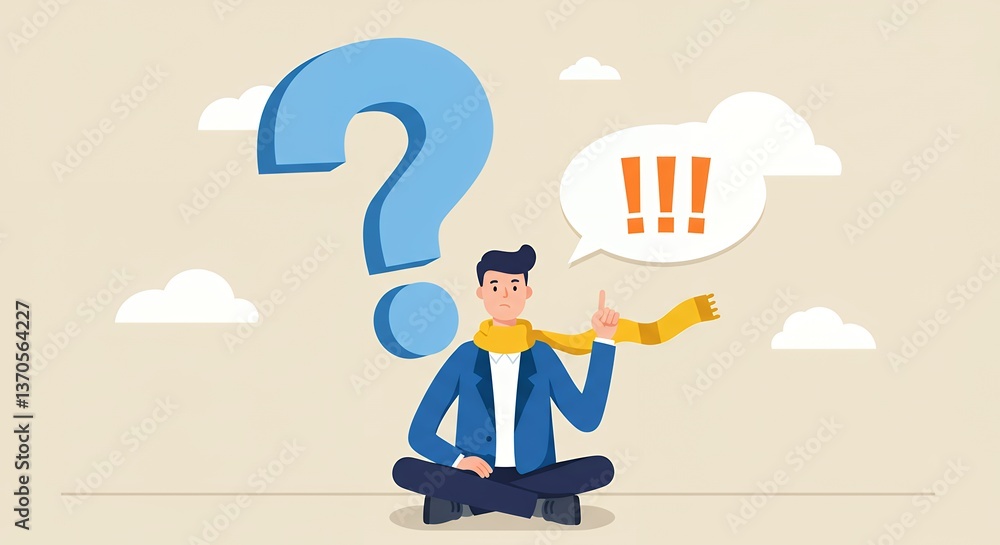 Poster man sitting cross-legged thinking with question mark and exclamation points graphic