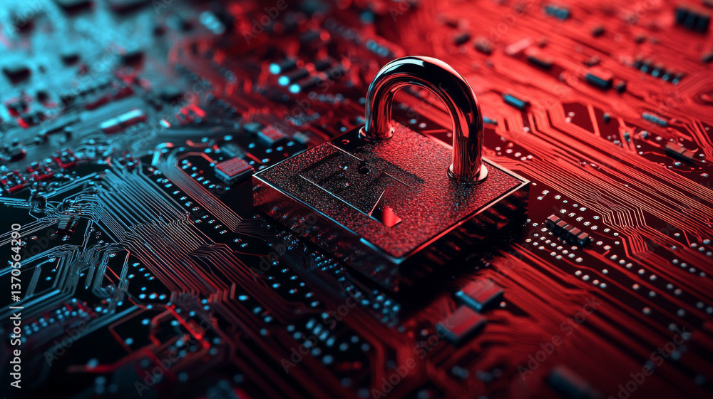 Poster concept of destroyed cyber security.padlock red open on electric circuits network dark red backgroun