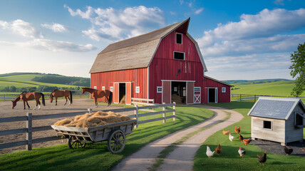 A picturesque red barn surrounded by horses and chickens, with a scenic landscape in the background