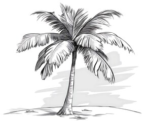 Hand-drawn sketch of a single palm tree on a beach.