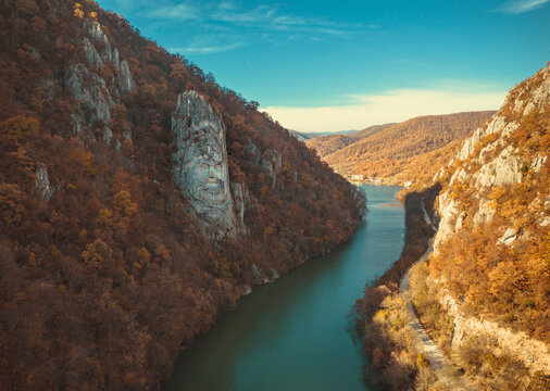 The face of the Dacian king Decebalus carved into the mountain, on the banks of the Danube, in Romania.