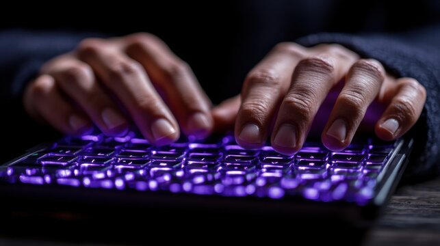 Typing hands on backlit keyboard in dark room technology focus