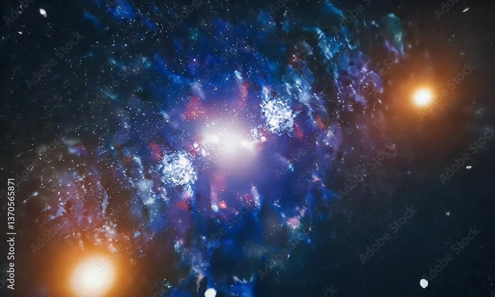 Poster astrophysical event distorting time and space, causing stars to shimmer unpredictably as gravitation