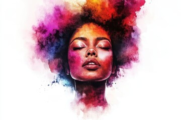 Fototapeta premium Serene Beauty Colorful Afro with Watercolor Portrait.