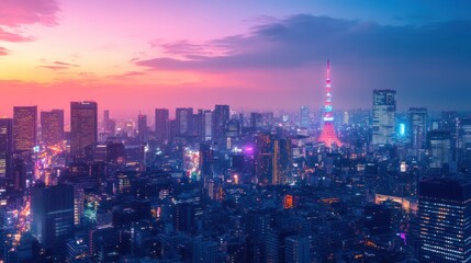 Fototapeta premium Tokyo's captivating skyline shimmers at twilight with an urban symphony of light