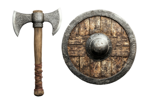 A Viking shield and axes, isolated on a white background