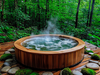 Fototapeta premium Jacuzzi in a dense forest surrounded by greenery