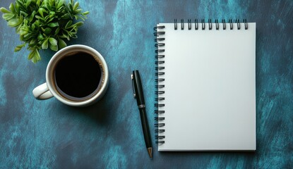 A workspace with coffee, notebook, and pen.  A fresh start, ready for notes