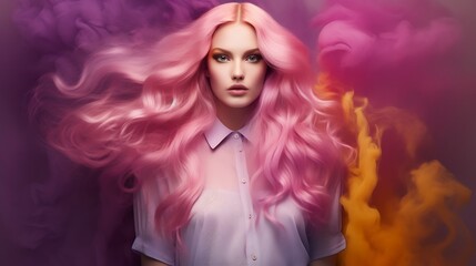 Woman with Long Pink Hair Amidst Colorful Smoke
