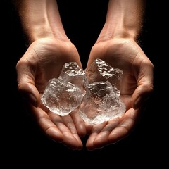 Hands cupping melting ice cubes.