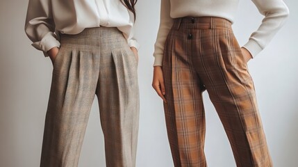 Stylish women's pants in neutral tones.  Two pairs of  pleated trousers, one light gray, the other a warm brown, showcase a modern, sophisticated style