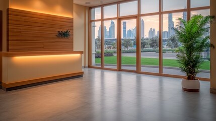 Obraz premium Modern Lobby Reception Desk with City Skyline View Stylish Interior Design
