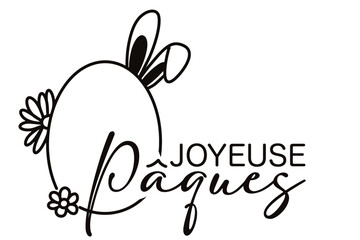 Vector illustration of the text happy easter in French  with a decorated Easter egg and bunny ears. Playful and festive design, perfect for Easter celebrations