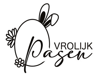 Vector illustration of the text happy easter in dutch with a decorated Easter egg and bunny ears. Playful and festive design, perfect for Easter celebrations