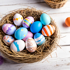 Obraz premium colorful easter eggs in a hay basket