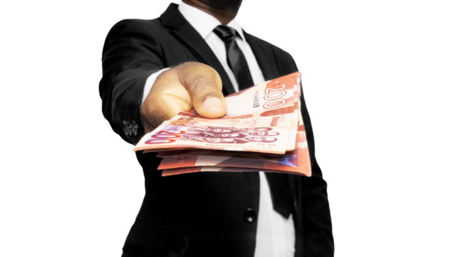 Black African Business man wearing suit and tie holding stretching pointing Ghanaian Cedis notes to camera over transparent background - Powered by Adobe
