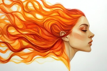 Fiery Hair with Serene Woman Watercolor Portrait.