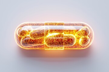 High-Detail Close-Up of Cracked Medicine Capsule with Bio-Engineered Structures and Futuristic Glowing Effect, Advanced Drug Technology, Pharmaceutical Innovation, Biotechnology, Medical Science
