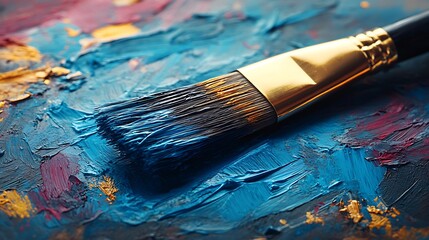 Obraz premium Acrylic Oil Paint Texture Close-Up Brushes Golden Handle Blue Color Composition Photo