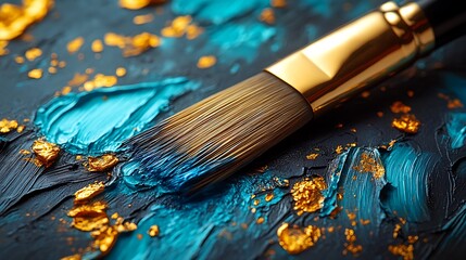 Fototapeta premium Fine Art Oil Brushes Painting Canvas Close-Up Vibrant Blue Golden Strokes