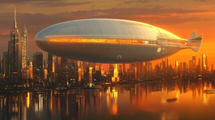 Fototapeta premium Futuristic airship flying over city during sunset, reflected in the water.