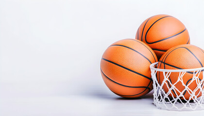 Three basketballs near a hoop on white background