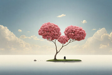 A small island surrounded by calm water, with cherry trees in beautiful bloom.