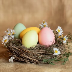 Obraz premium Colorful eggs in a nest adorned with flowers