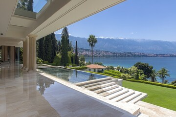 Luxurious villa with pool overlooking a serene lake and distant mountains on a sunny day
