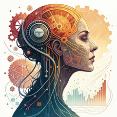 This features futuristic depiction of human profile with mechanical and digital elements, symbolizing integration of technology and human consciousness. artwork blends gears, circuits