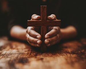 Hands holding wooden cross on table.