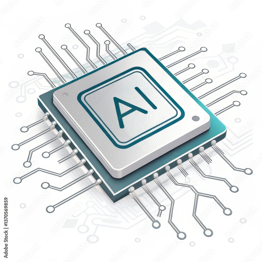 Poster digital illustration of ai chip with circuit lines extending outward, symbolizing advanced technolog