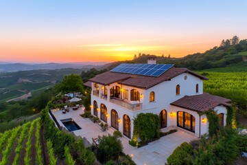 Luxurious Napa Valley Hillside Vineyard Estate with Terracotta Roof Tiles, Solar Panels, Grape Vines, and Sunset Landscape, Sustainable Luxury Real Estate