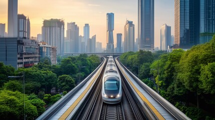 Fototapeta premium A high-speed electric train traveling through a metropolitan cityscape, gliding silently along an elevated railway track.