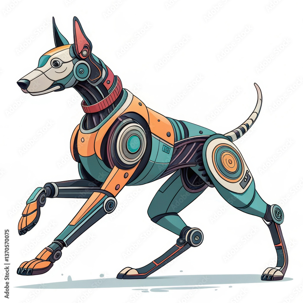 Aufkleber futuristic robotic dog with sleek design and vibrant colors is depicted in dynamic running pose, sho