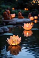Vesak Day celebration with illuminated lotus flowers floating on water, serene atmosphere with monks in the background, peaceful reflection concept